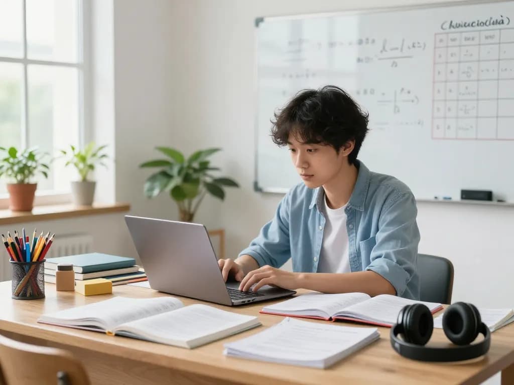 Hausaufgabenlösungen online - Schüler löst Hausaufgaben mit KI-Tools in einem hellen Lernraum.