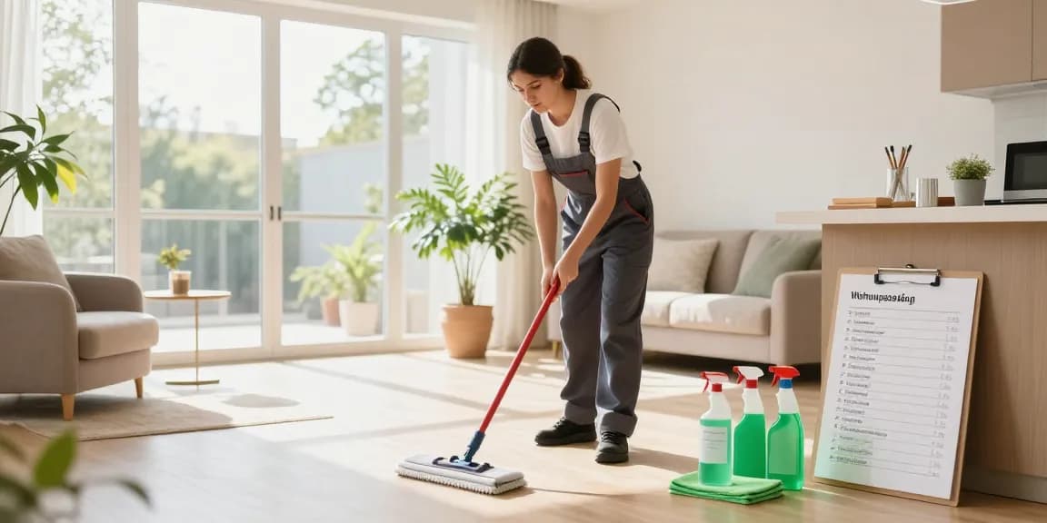 Professional cleaner focusing on wohnungsabgabe reinigung in a bright living room, showcasing cleaning supplies and a checklist.