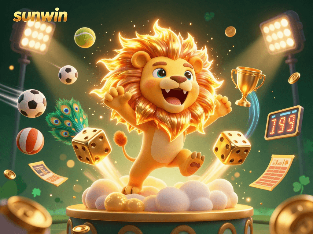 Experience thrilling wins with sunwin as a cartoon sun lion embodies casino excitement with dynamic sports elements.