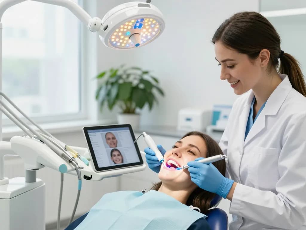 Zahnaufhellung Wien Verfahren in einer modernen Zahnarztpraxis mit einem lächelnden Patienten und einem professionellen Zahnarzt.