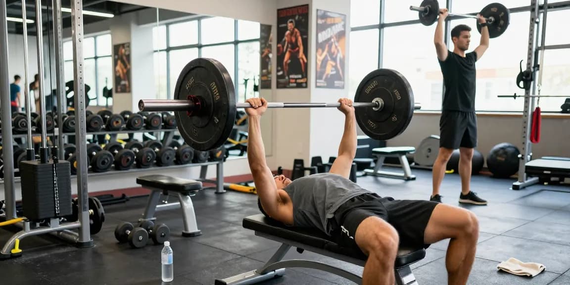 Aktive Fitness-Szene im Selliza Shop mit einem Sportler beim Bankdrücken.