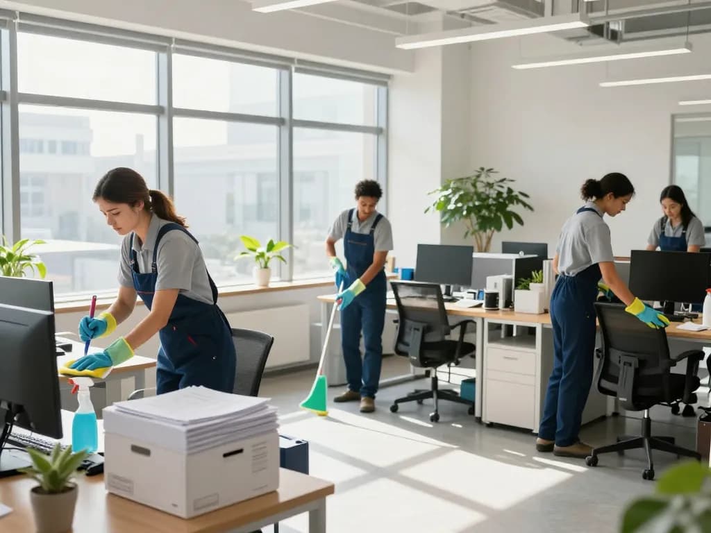 Professionelle Gebäudereinigung in Dülmen mit einem Reinigungsteam, das eine helle Büroumgebung bedient.