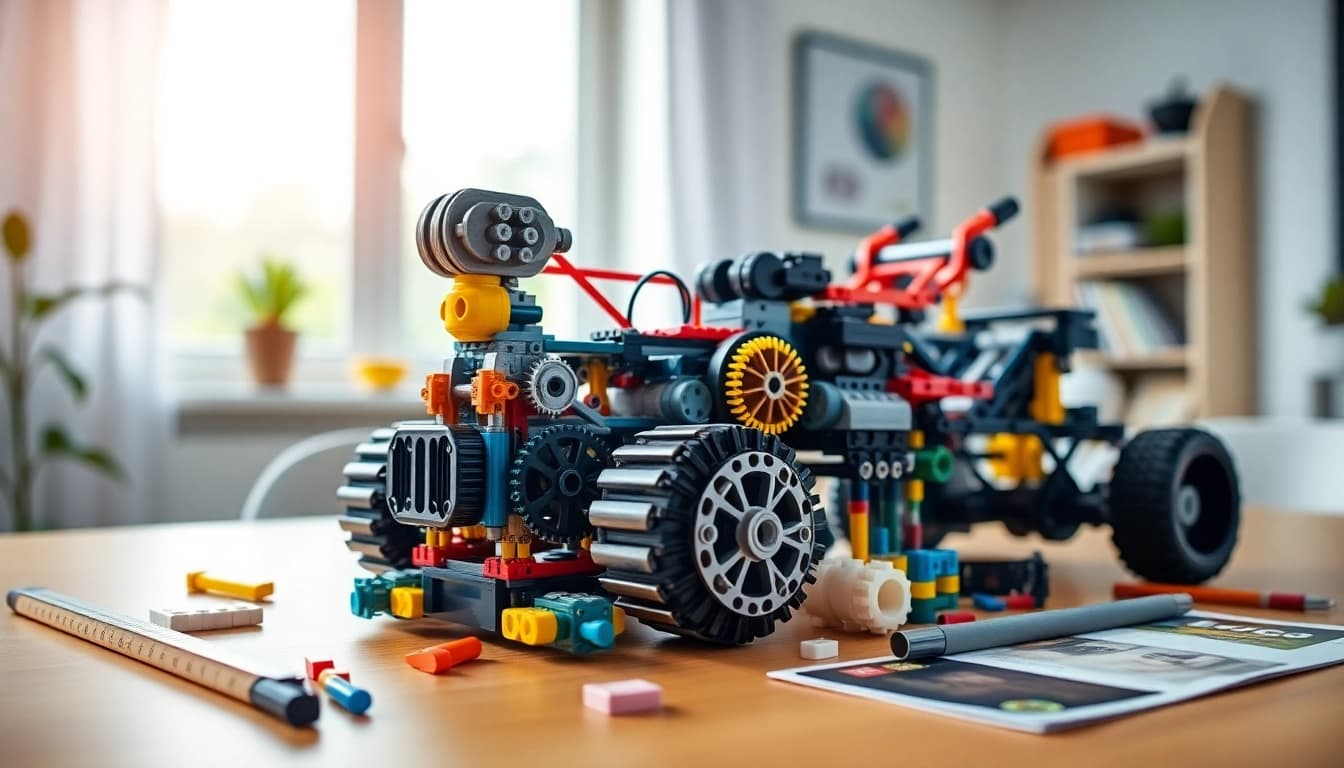 Lego Technic Baukasten auf einem Holzschreibtisch mit kreativem Aufbau.
