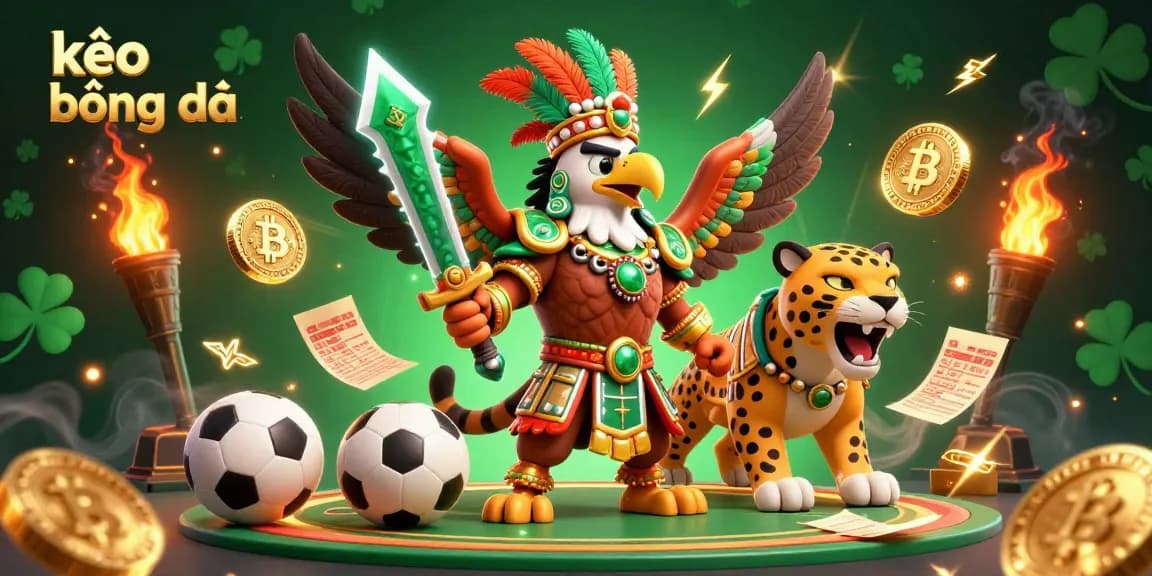 Engage in kèo bóng đá excitement with 3D illustrations of sport warriors celebrating amidst vibrant betting elements.