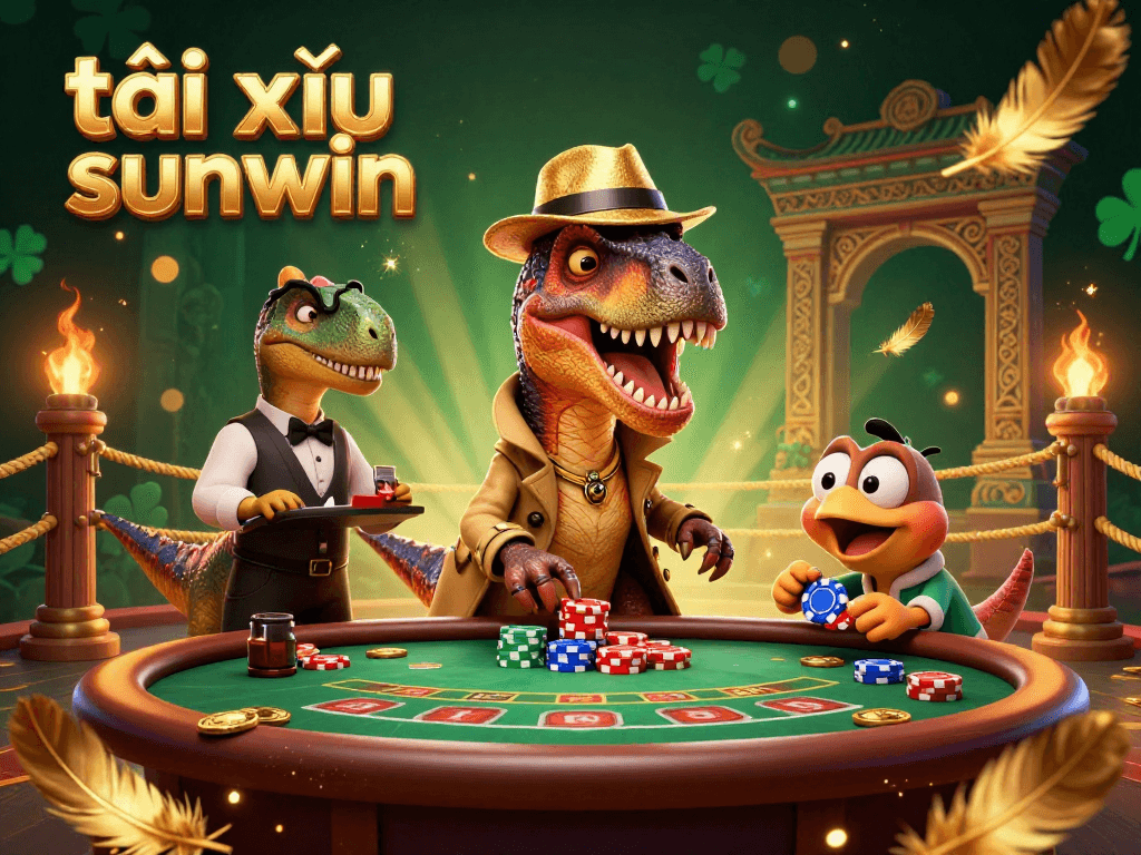 Engage with tài xỉu sunwin at a vibrant casino filled with animated dinosaurs and rich detail.