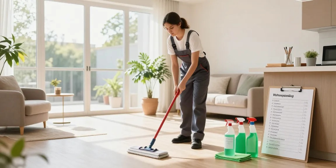 Professional cleaner focusing on wohnungsabgabe reinigung in a bright living room, showcasing cleaning supplies and a checklist.