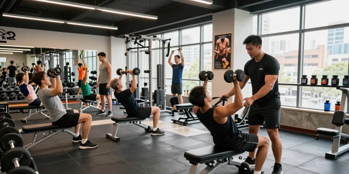 Medi Pharma Steroid Shop – Aktive Fitnessbegeisterte im modernen Fitnessstudio mit Personal Trainer und Gewichten.