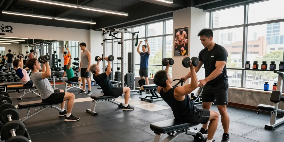 Medi Pharma Steroid Shop – Aktive Fitnessbegeisterte im modernen Fitnessstudio mit Personal Trainer und Gewichten.