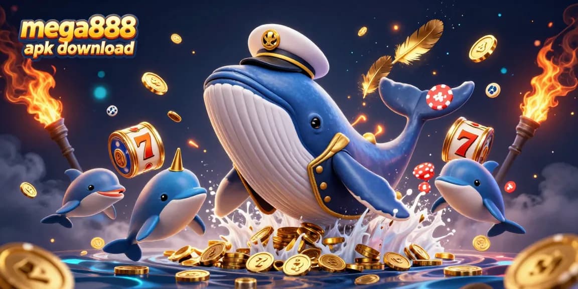Spin and win with mega888 apk download featuring a colorful casino scene of playful dolphins and a golden whale.