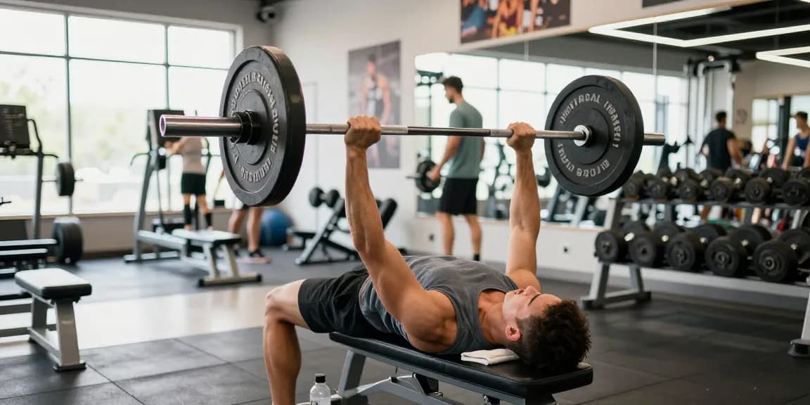 Anabolika kaufen: Athlet beim Bankdrücken im modernen Fitnessstudio mit Gewichten.