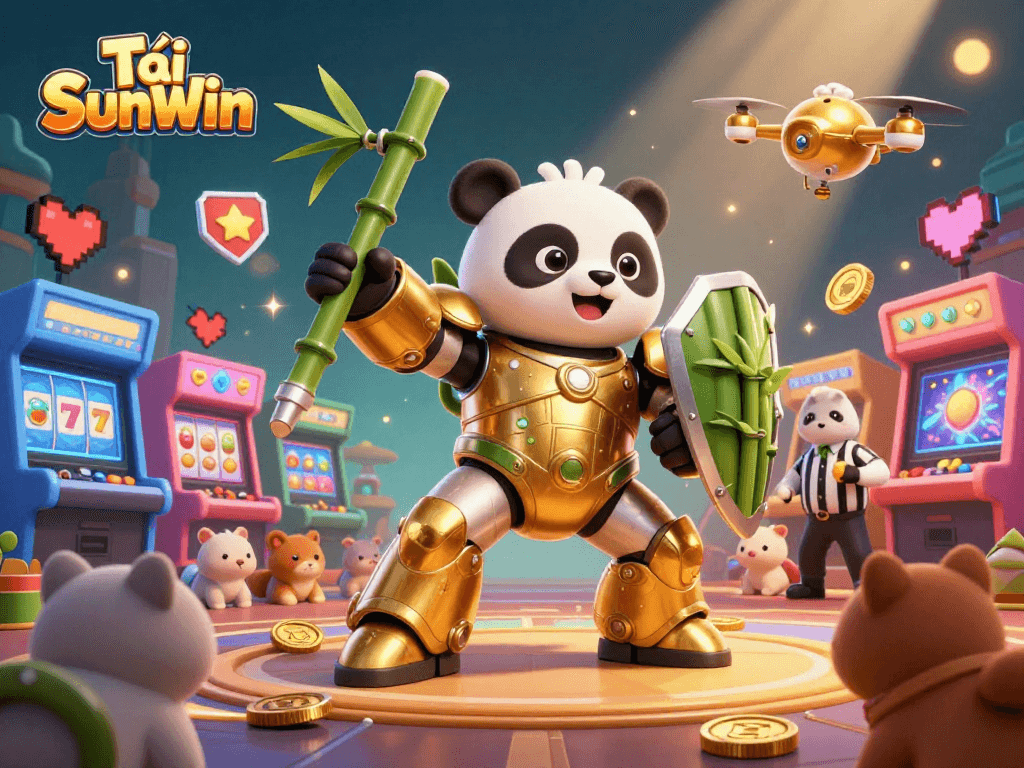 Tải SunWin showcases an exciting 3D mech-suit panda in a vibrant gaming arena full of casino elements.