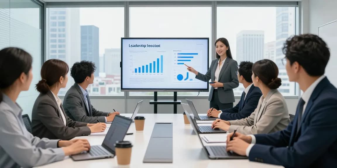 Bewertungsplattform Führung: Team im Konferenzraum analysiert Führungskompetenzen und Feedback mit digitalen Tools.