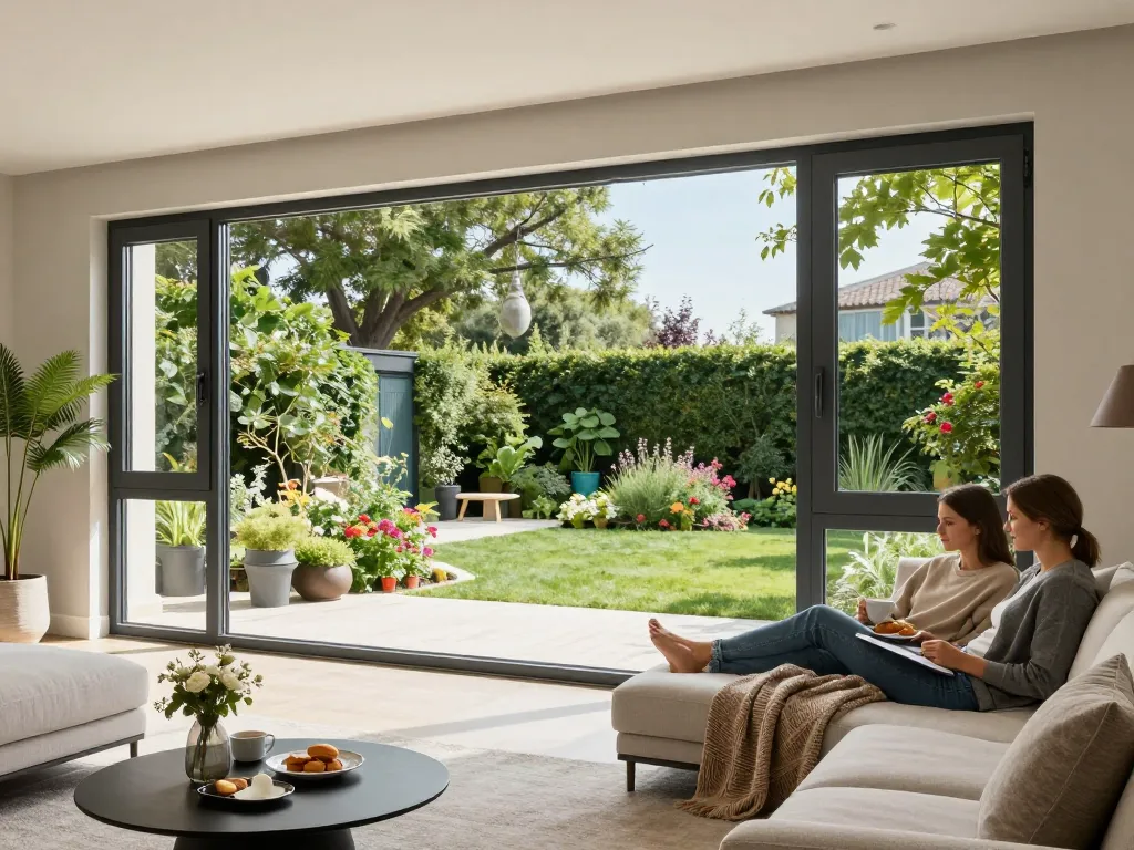 Modernes Wohninterieur mit Fenster Schüco-Fenstern, die den stilvollen Wohnraum mit natürlichem Licht erhellen.