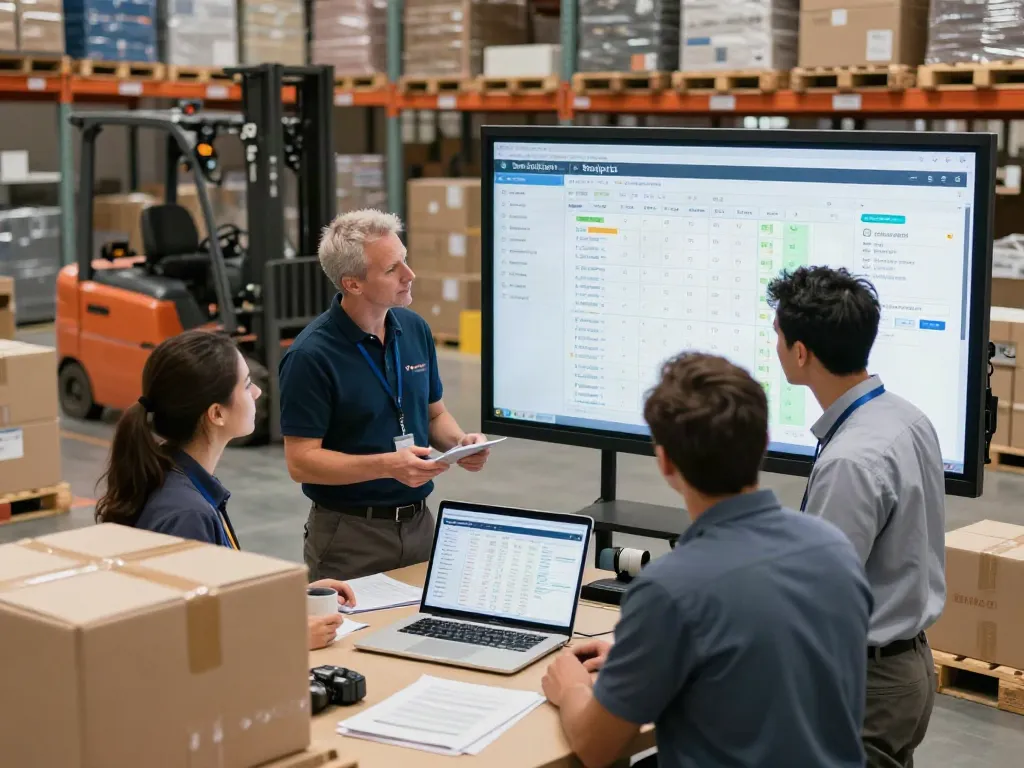 Transportunternehmen in Stuttgart - Team von Logistikexperten arbeitet an digitalen Lieferplänen in modernem Lager.