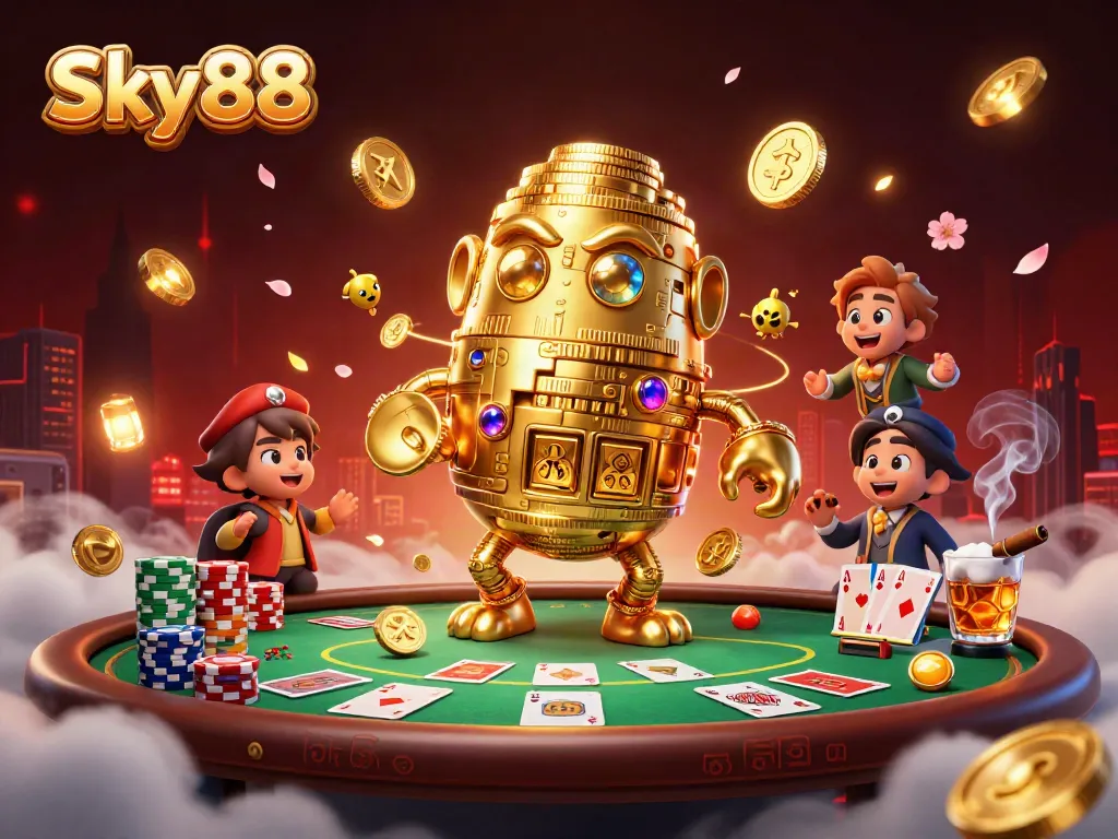 Sky88 gaming scene with a golden golem, poker table, and rich casino elements.