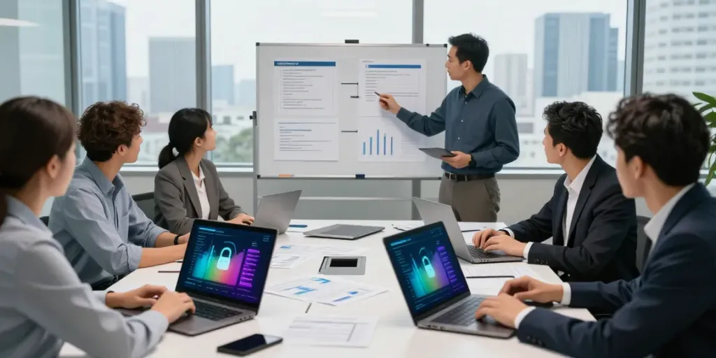 IT-Sicherheitsberatung durch erfahrene Berater in einem modernen Büro mit strategischen Sicherheitsanalysen.