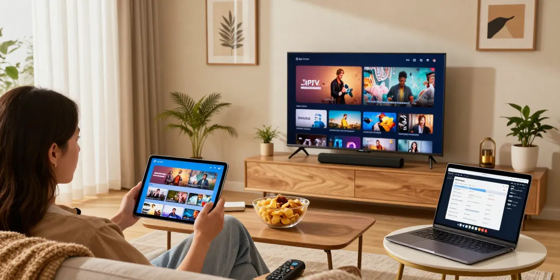 Person nutzt IPTV Smarters auf einem Tablet im modernen Wohnzimmer.