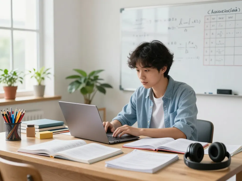 Hausaufgabenlösungen online - Schüler löst Hausaufgaben mit KI-Tools in einem hellen Lernraum.