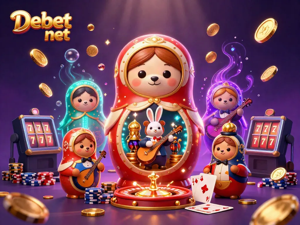 Engage with the vibrant world of Debet net, featuring dynamic casino scenes and playful characters.