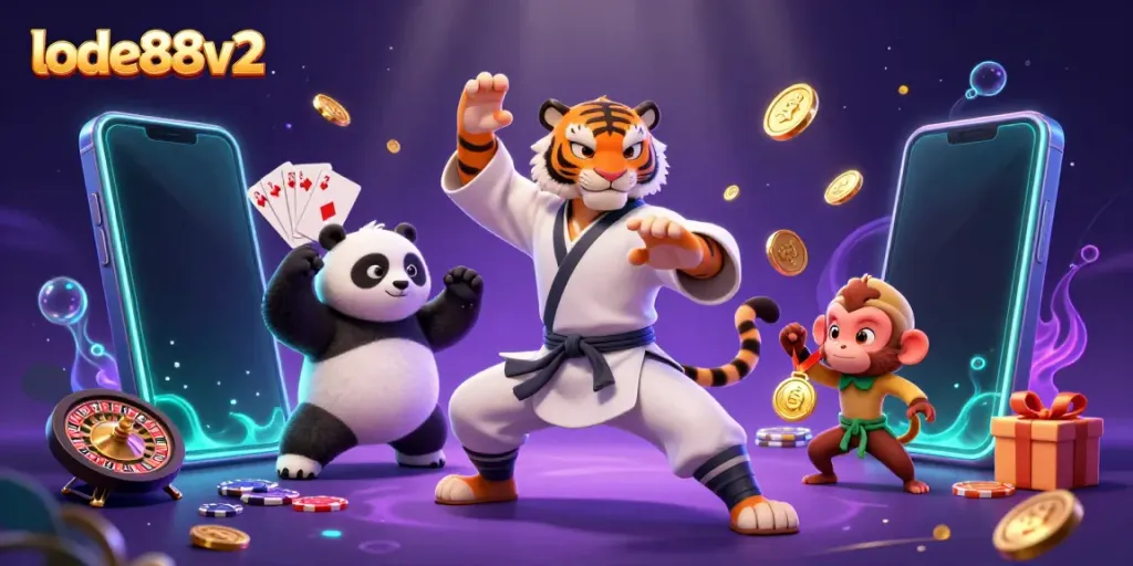 Experience the thrilling action at lode88v2 with cartoon characters engaging in fun gambling games and vibrant visuals.
