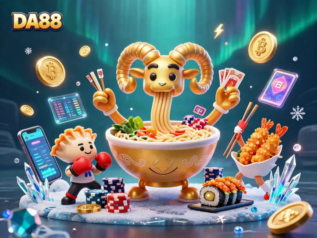 DA88 features a vibrant casino scene with engaging characters and crypto elements for gambling.