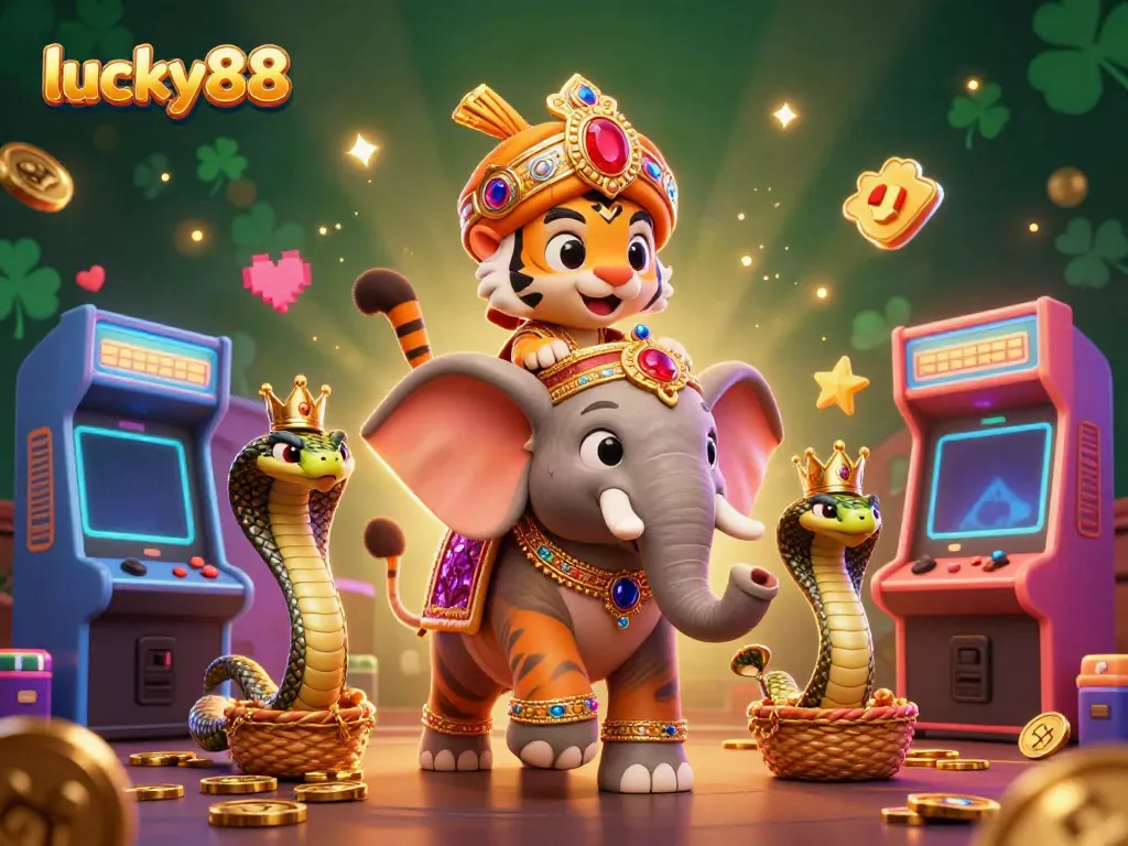 Experience thrilling gameplay at lucky88 with a 3D maharaja tiger, jewels, and dynamic casino elements.