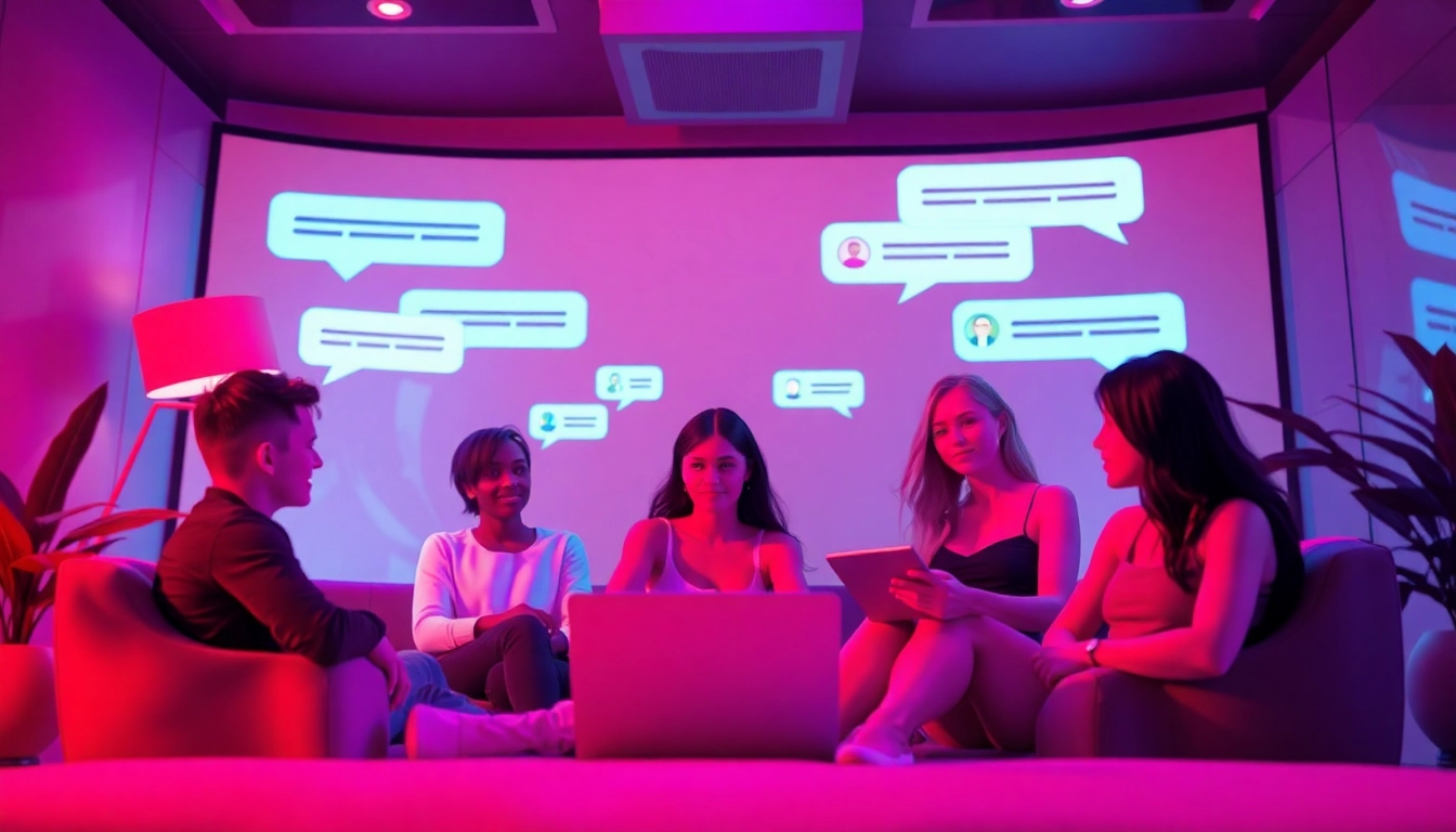 Engaging digital chat room for sex chat showcasing diverse avatars and cozy ambiance.