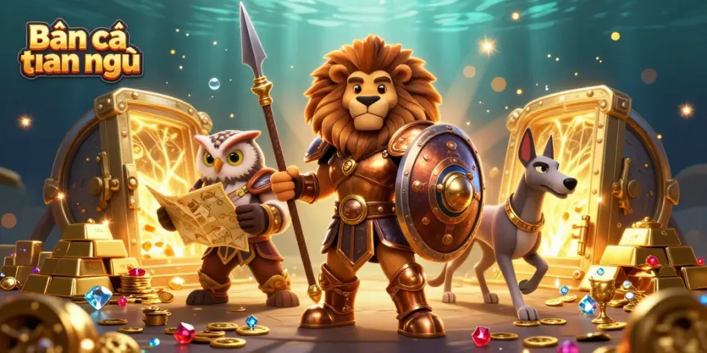 Engage in Bắn cá nhân ngư with a dynamic underwater scene featuring rich characters and treasure elements.