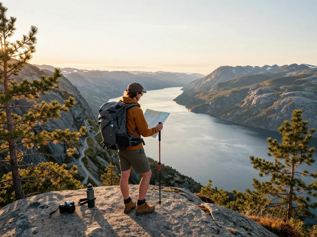 Erleben Sie Urlaub in Skandinavien, während Reisende die atemberaubenden Fjorde und Berge zur goldenen Stunde bewundern.