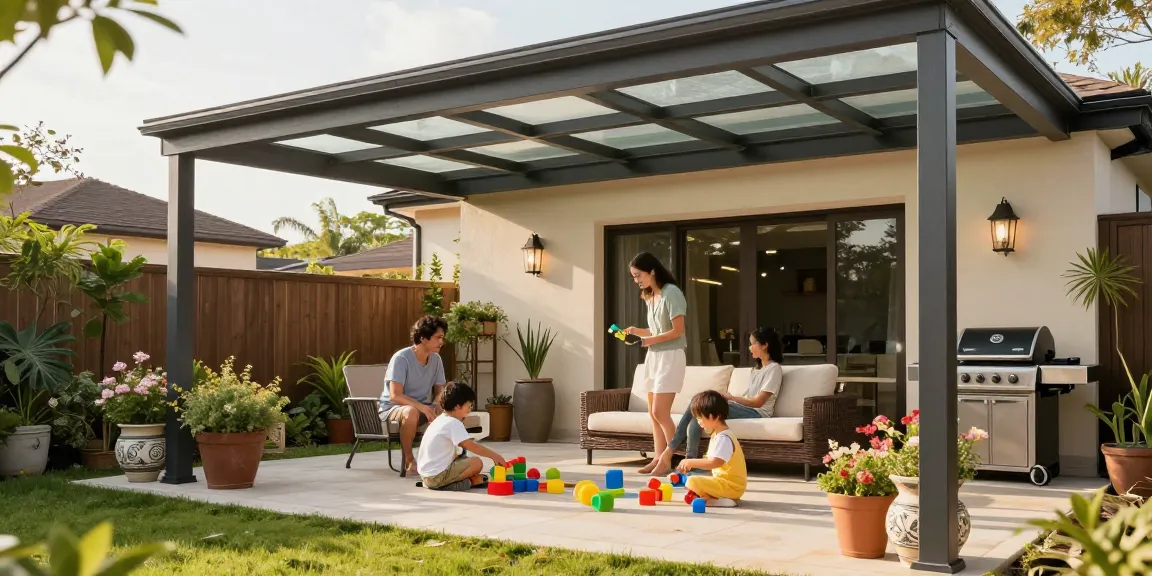 Gemütliche Terrasse mit Terrassenüberdachungen, Familie genießt sonnigen Tag im Freien.