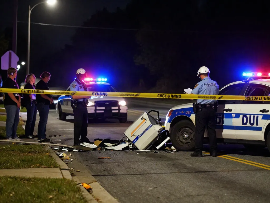 DUI fatal accident Smyrna GA, illustrating a crime scene with police investigation and emergency response.