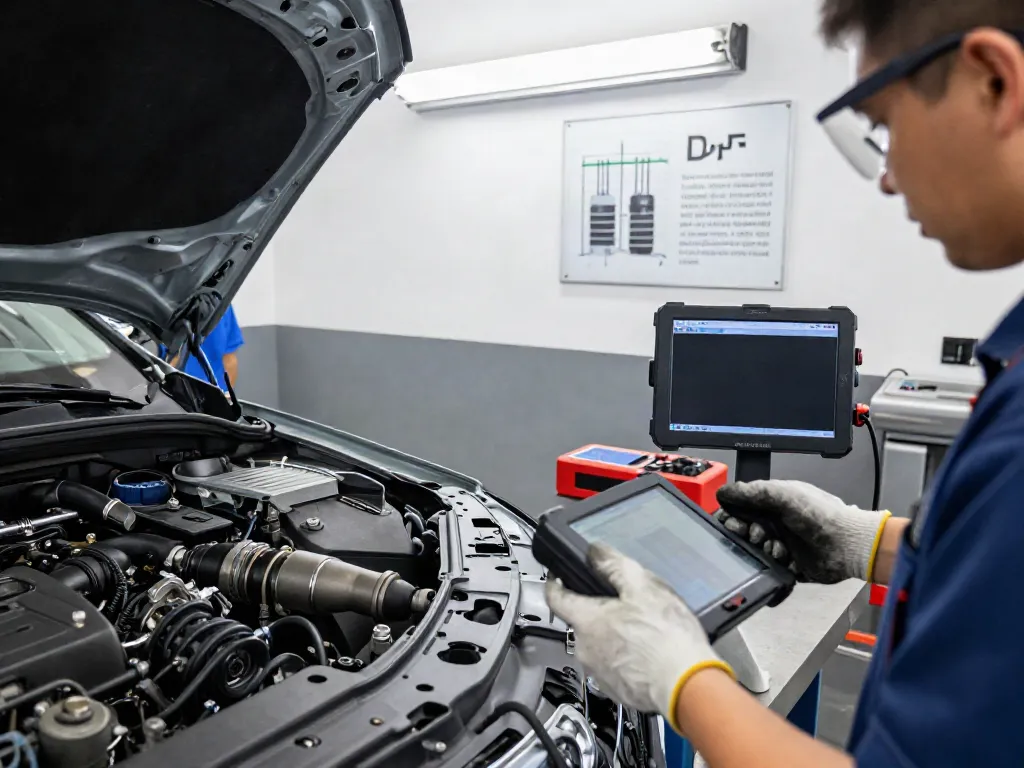 Mechaniker überprüft die DPF-Regeneration in einer Werkstatt mit technischem Equipment.