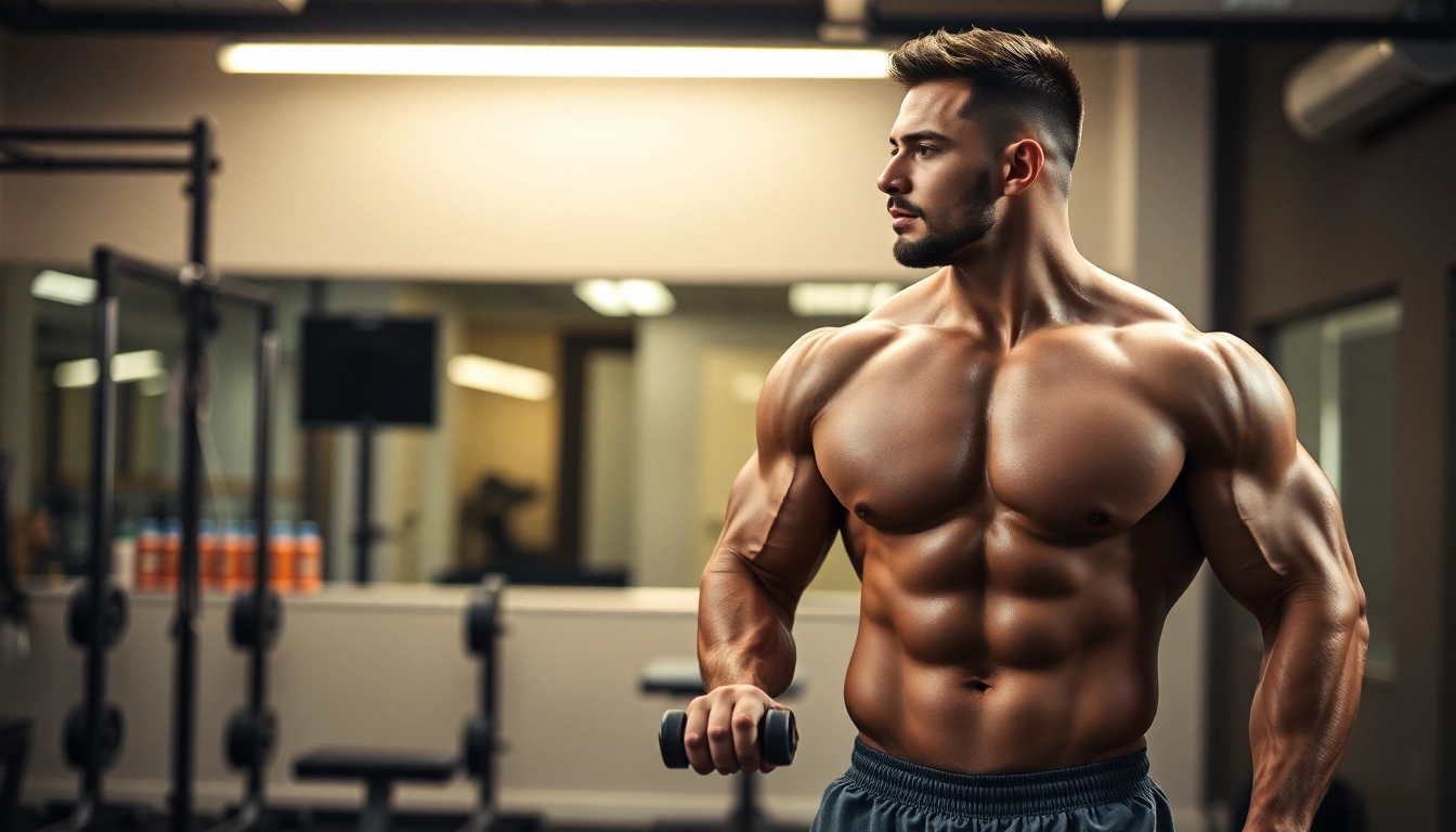 Ein muskulöser Athlet mit Unique Pharma Steroids im Fitnessstudio, bereit für das Training.