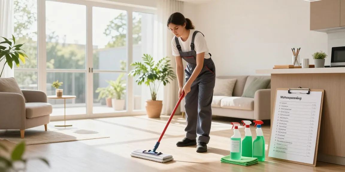 Professional cleaner focusing on wohnungsabgabe reinigung in a bright living room, showcasing cleaning supplies and a checklist.