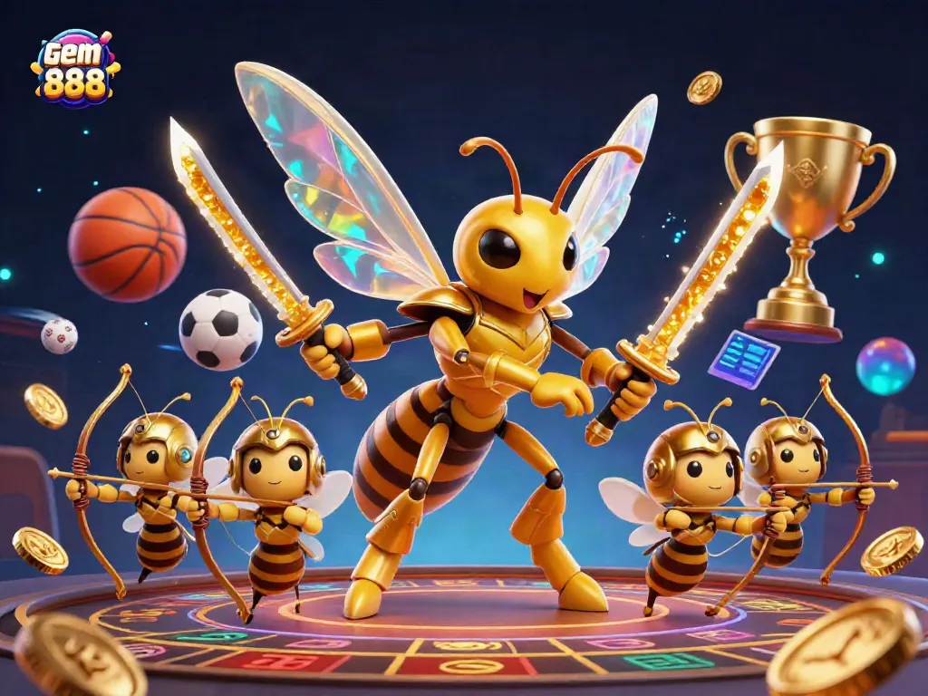 Experience thrilling gaming with gem 888 as a golden hornet fights with katana swords amidst dynamic sports and casino elements.
