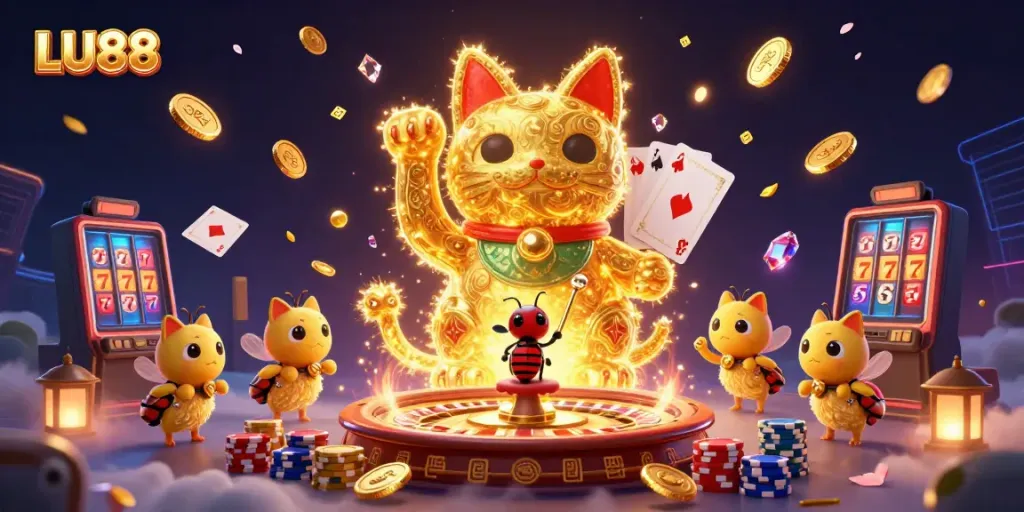 LU88 showcases a vibrant casino scene with golden fireflies and a giant lucky cat amidst cascading coins and game elements.