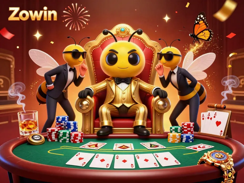 Zowin offers an exciting casino atmosphere with a cartoon mob boss at a poker table surrounded by vibrant game elements.