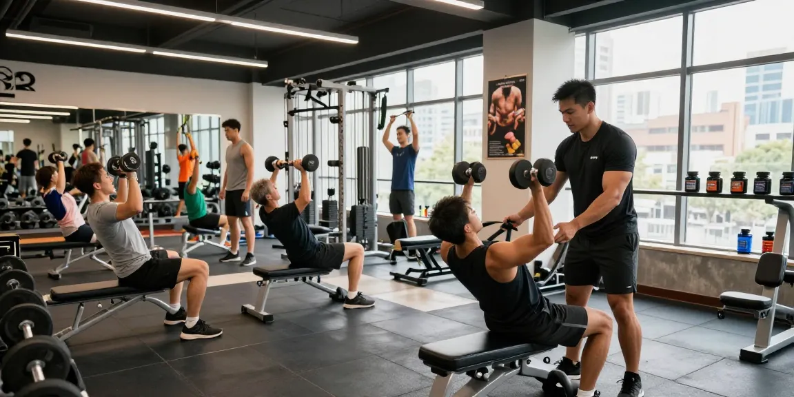 Medi Pharma Steroid Shop – Aktive Fitnessbegeisterte im modernen Fitnessstudio mit Personal Trainer und Gewichten.
