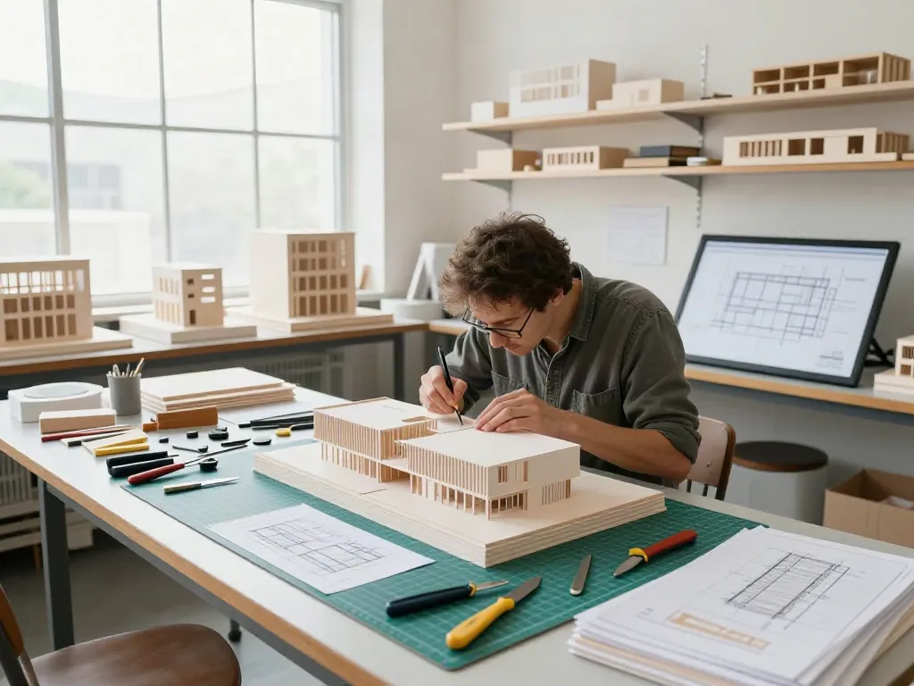 Architekturmodellbau in Frankreich: Handwerker erstellt detailliertes Architekturmodell in lichtdurchflutetem Atelier.