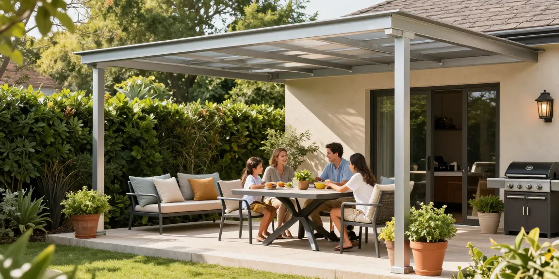 Elegante Terrassenüberdachung schützt die Familie beim Entspannen im Freien.