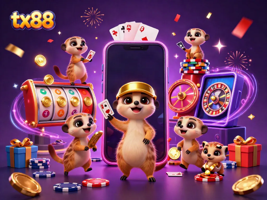 Engage with the thrilling tx88 casino experience, featuring playful meerkats in a vibrant gambling scene.