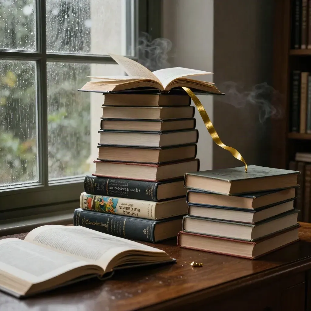Monumentaler Bücherstapel am regennassen Fenster im warmen Abendlicht, mit flatterndem Leseband.