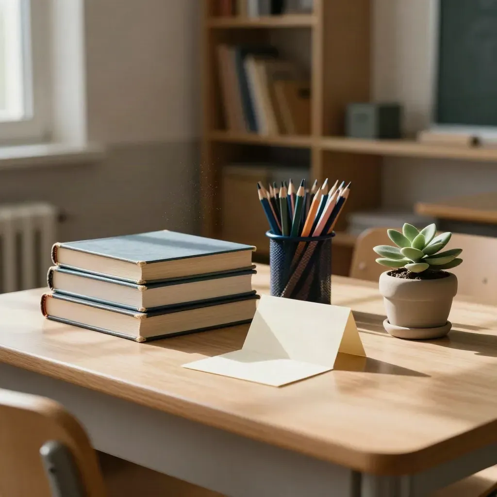 Klassenlektüren, Stiftebecher, Lesekarten und Topfpflanze im Morgenlicht in einer stillen Klasse.