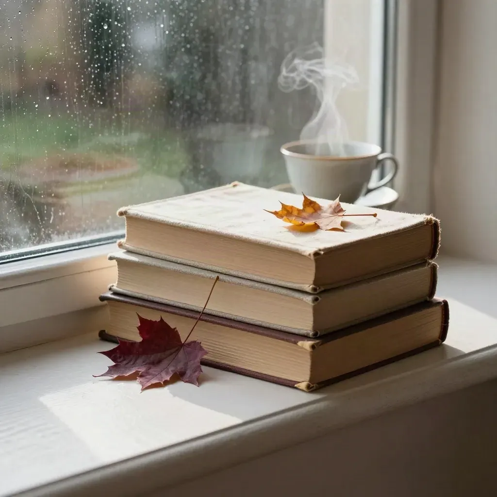 Herbstlicher Bücherstapel auf Fenstersims mit Tee, Steinplatte und nassem Regenlicht.