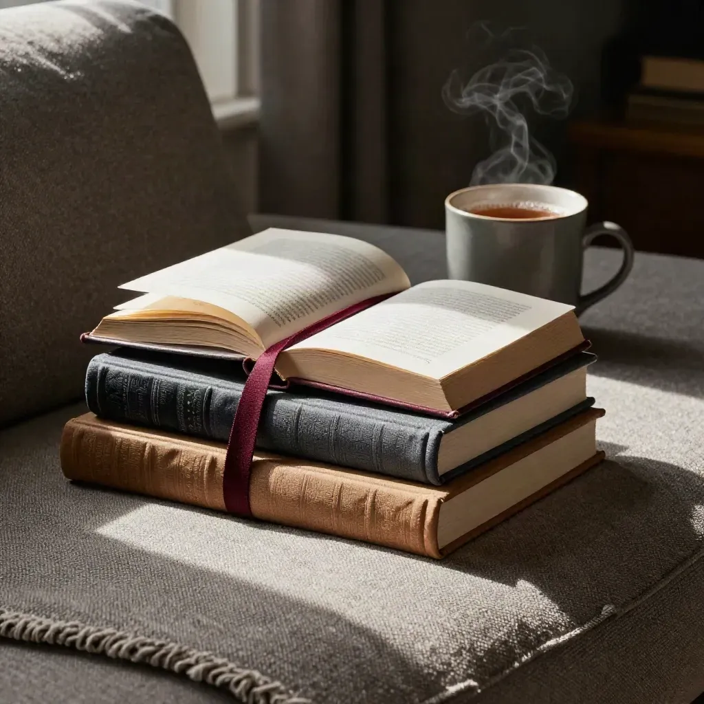 Abendstille mit Romanen, offener Lektüre, Keramiktasse und grobem Sofaüberwurf im warmen Licht.