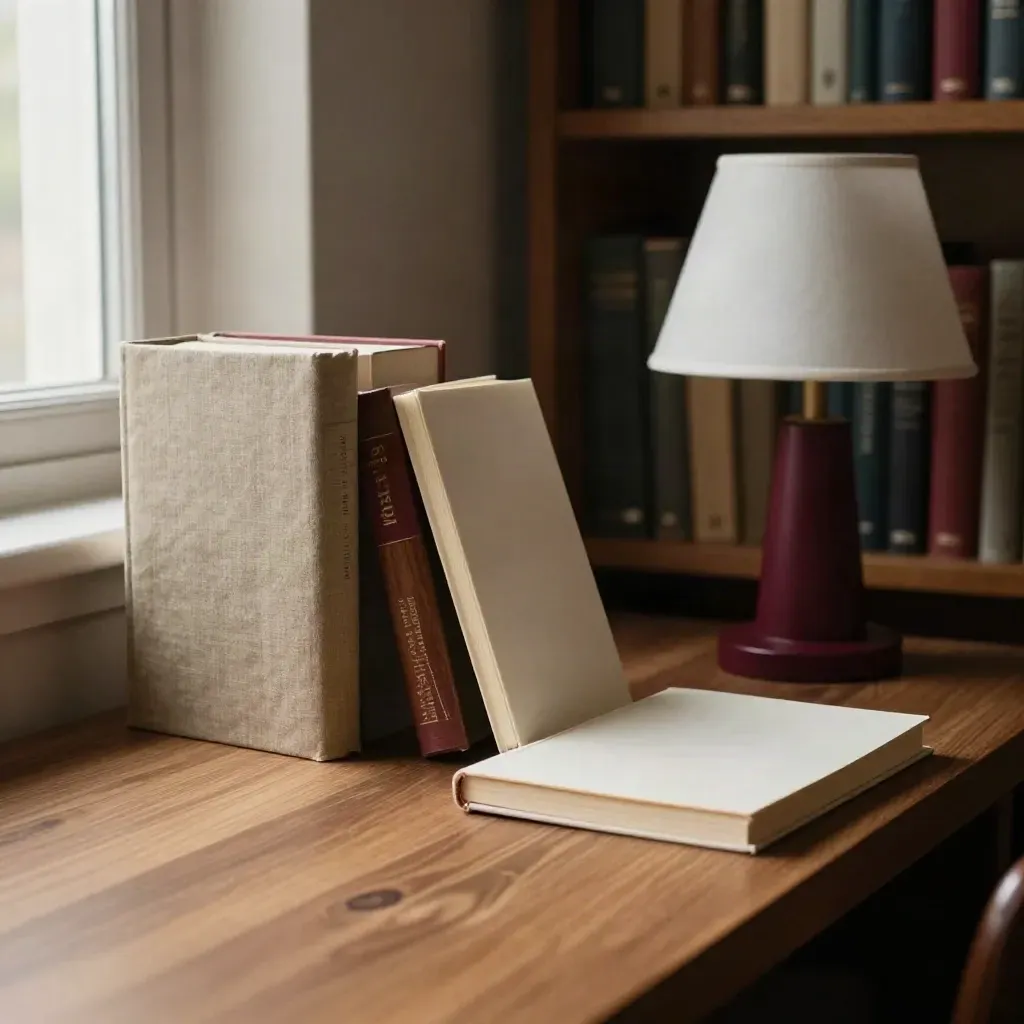Drei Leinenromane, Notizheft und Lampe im warmen Bücherregallicht mit Burgunderakzent