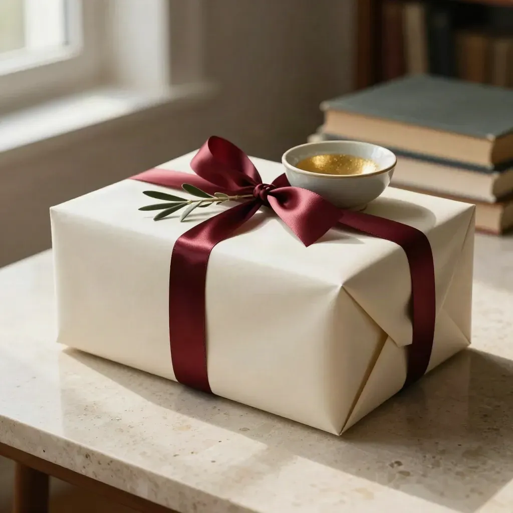 Verpacktes Buchgeschenk mit burgunderroter Schleife, Zweig und Keramikschale auf Travertin.