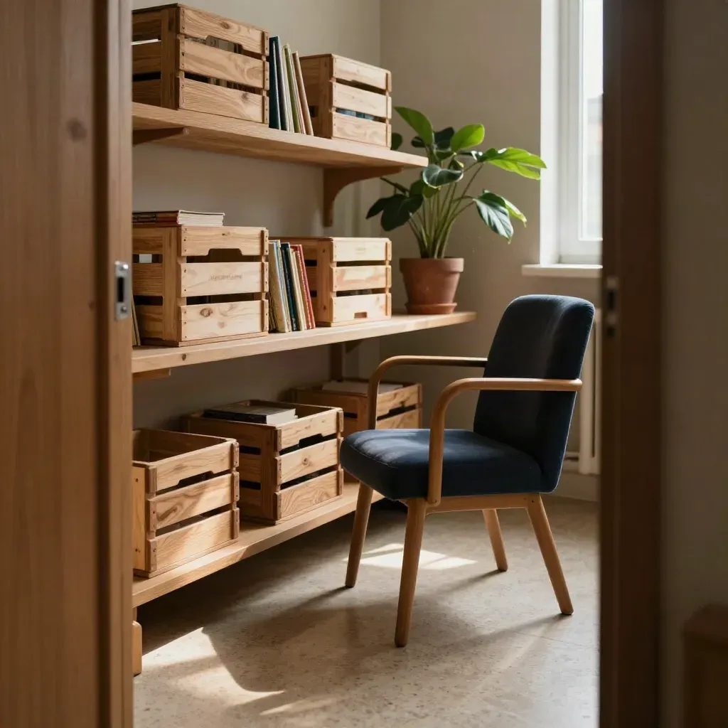 Klassenbibliothek mit Bücherkisten, Lesesessel und Pflanze im Morgenlicht