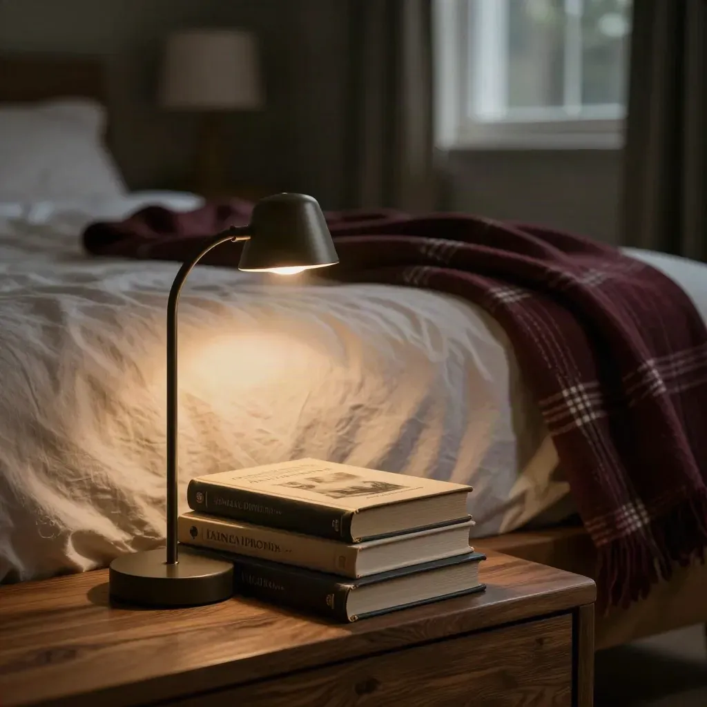 Nachtszene mit Bilderbüchern, Bettkante, Decke und Leselampe im warmen Licht.