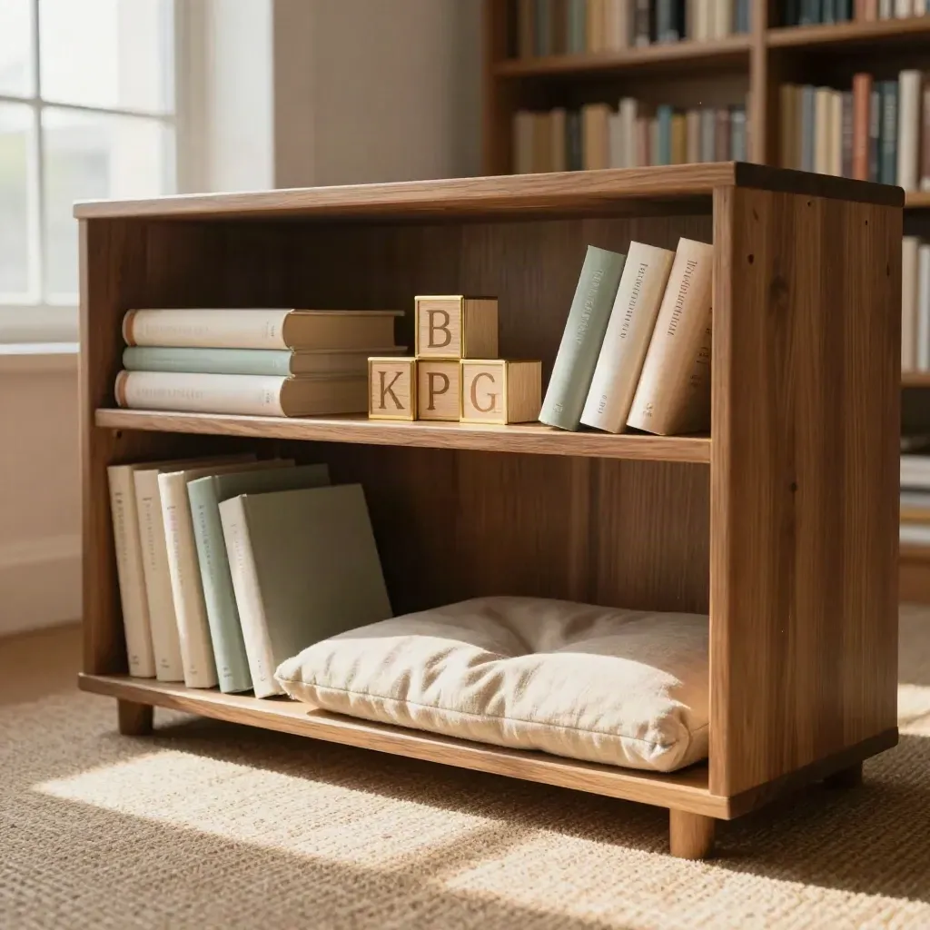 Niedriges Erstlese-Regal mit großen Büchern, Alphabetklötzen und Sitzkissen im frühen Licht.